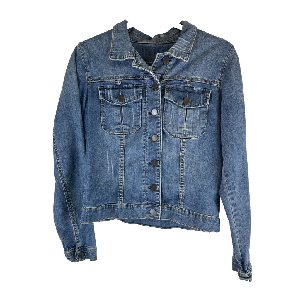 KUT from the Kloth Amelia Jean Jacket Distressed Denim Trucker Button Medium